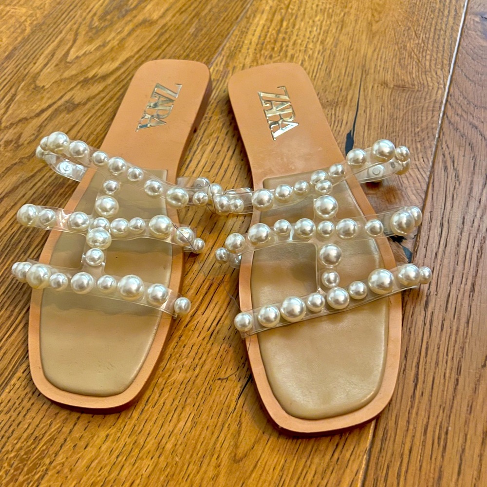 Zara pearl and clear strap flats, size 42